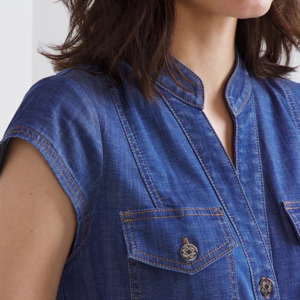 WHBM $160 Button-Down Midi Dress Denim Lightweight Cotton Tencel Blend 12 - Picture 4 of 10
